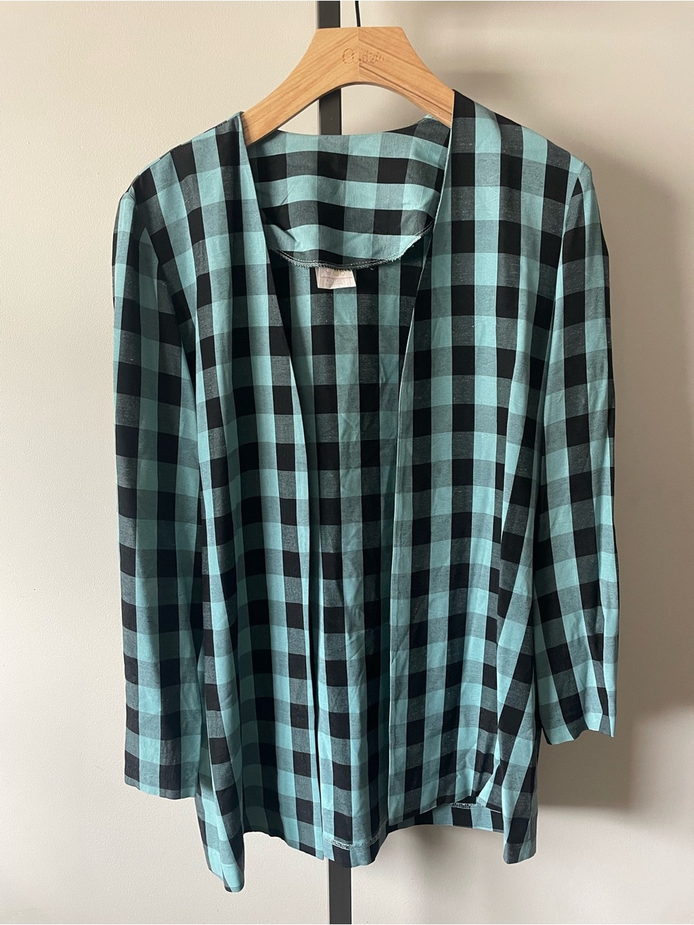 90s Vintage Made in Canada Aqua Black Gingham Buffalo Check Open Cardigan 7/8